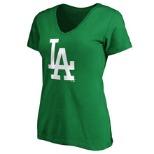 Load image into Gallery viewer, Los Angeles Dodgers Women&#39;s St. Patrick&#39;s Day White Team Logo V-Neck T-Shirt - Green MLB Ladies V-Neck
