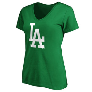 Los Angeles Dodgers Women's St. Patrick's Day White Team Logo V-Neck T-Shirt - Green MLB Ladies V-Neck