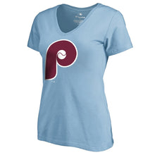 Load image into Gallery viewer, Philadelphia Phillies Women&#39;s Cooperstown Collection Huntington T-Shirt - Light Blue MLB Ladies V-Neck
