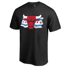 Load image into Gallery viewer, Chicago Bulls Black Hometown Collection Chicago Flag T-Shirt NBA Guys Tee
