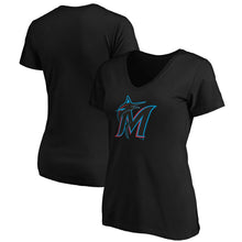 Load image into Gallery viewer, Miami Marlins Women&#39;s Core Official Logo V-Neck T-Shirt - Black MLB Ladies V-Neck
