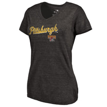 Load image into Gallery viewer, Pittsburgh Pirates Women&#39;s Rising Script Tri-Blend V-Neck T-Shirt - Black MLB Ladies V-Neck
