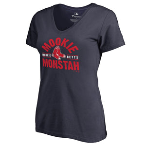 Mookie Betts Boston Red Sox Women's Player Hometown Collection V-Neck Mookie Monstah T-Shirt - Navy MLB Ladies V-Neck
