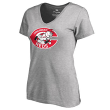 Load image into Gallery viewer, Cincinnati Reds Women&#39;s Cooperstown Collection Forbes T-Shirt - Ash MLB Ladies V-Neck
