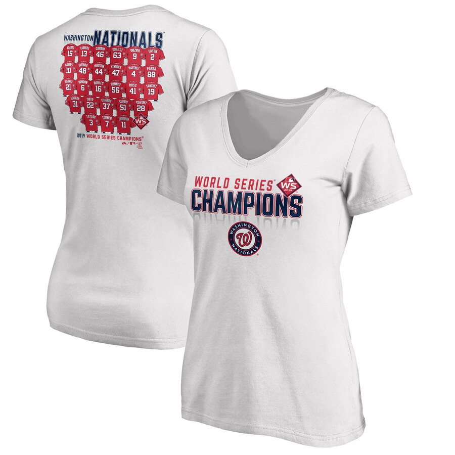 Washington Nationals Women's 2019 World Series Champions Jersey Roster V-Neck T-Shirt - White MLB Ladies V-Neck