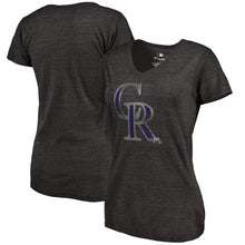 Load image into Gallery viewer, Colorado Rockies Women&#39;s Primary Distressed Team Tri-Blend V-Neck T-Shirt - Heathered Black MLB Ladies V-Neck
