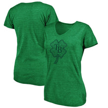 Load image into Gallery viewer, Tampa Bay Rays Women&#39;s St. Patrick&#39;s Day Celtic Charm Tri-Blend V-Neck T-Shirt - Green MLB Ladies V-Neck
