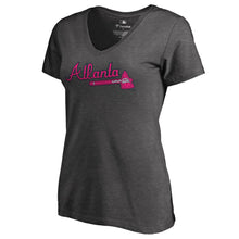 Load image into Gallery viewer, Atlanta Braves Women&#39;s Pink Wordmark V-Neck T-Shirt - Heathered Gray MLB Ladies V-Neck
