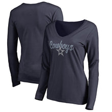 Load image into Gallery viewer, Dallas Cowboys Nfl Pro Line Women's Free Hand Long Sleeve V-Neck T-Shirt - Navy NFL Ladies V-Neck Long Sleeve

