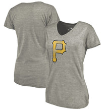 Load image into Gallery viewer, Pittsburgh Pirates Women&#39;s Distressed Team Tri-Blend V-Neck T-Shirt - Heathered Gray MLB Ladies V-Neck

