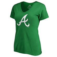 Load image into Gallery viewer, Atlanta Braves Women&#39;s St. Patrick&#39;s Day White Logo Plus Size V-Neck T-Shirt - Kelly Green MLB Ladies V-Neck
