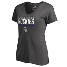 Load image into Gallery viewer, Colorado Rockies Women&#39;s Win Stripe V-Neck T-Shirt - Ash MLB Ladies V-Neck
