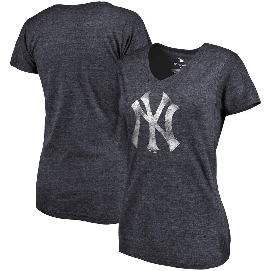 New York Yankees Women's Primary Distressed Team Tri-Blend V-Neck T-Shirt - Heathered Navy MLB Ladies V-Neck