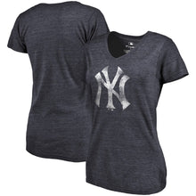 Load image into Gallery viewer, New York Yankees Women&#39;s Primary Distressed Team Tri-Blend V-Neck T-Shirt - Heathered Navy MLB Ladies V-Neck
