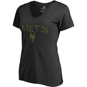 New York Mets Women's Camo T-Shirt - Black MLB Ladies V-Neck