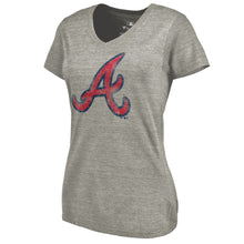 Load image into Gallery viewer, Atlanta Braves Women&#39;s Distressed Team Tri-Blend V-Neck T-Shirt - Heathered Gray MLB Ladies V-Neck
