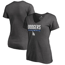 Load image into Gallery viewer, Los Angeles Dodgers Women&#39;s Win Stripe Plus Size V-Neck T-Shirt - Ash MLB Ladies V-Neck
