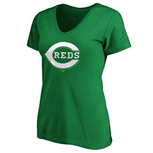 Load image into Gallery viewer, Cincinnati Reds Women&#39;s St. Patrick&#39;s Day White Team Logo V-Neck T-Shirt - Green MLB Ladies V-Neck
