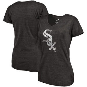Chicago White Sox Women's Primary Distressed Team Tri-Blend V-Neck T-Shirt - Heathered Black MLB Ladies V-Neck