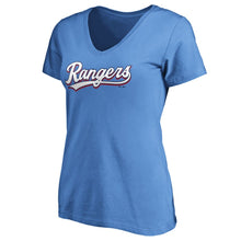 Load image into Gallery viewer, Texas Rangers Women&#39;s 2020 Alternate Wordmark V-Neck T-Shirt - Light Blue MLB Ladies V-Neck
