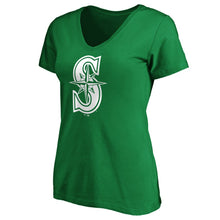 Load image into Gallery viewer, Seattle Mariners Women&#39;s St. Patrick&#39;s Day White Team Logo V-Neck T-Shirt - Green MLB Ladies V-Neck
