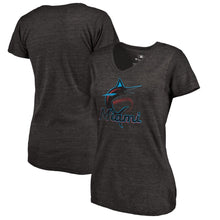 Load image into Gallery viewer, Miami Marlins Women&#39;s Primary Distressed Team Logo Tri-Blend V-Neck T-Shirt - Heathered Black MLB Ladies V-Neck
