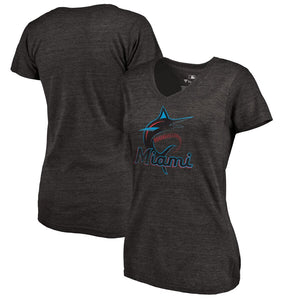 Miami Marlins Women's Primary Distressed Team Logo Tri-Blend V-Neck T-Shirt - Heathered Black MLB Ladies V-Neck