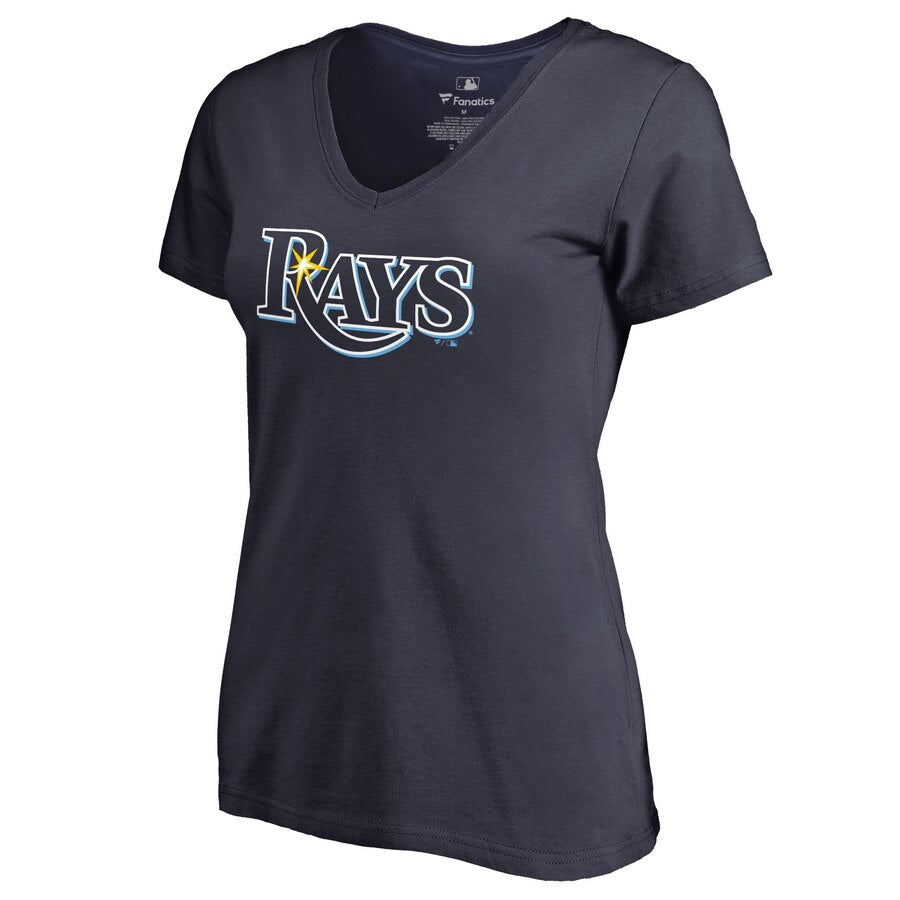 Tampa Bay Rays Women's Team Color Primary Logo V-Neck T-Shirt - Navy MLB Ladies V-Neck