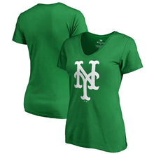 Load image into Gallery viewer, New York Mets Women&#39;s St. Patrick&#39;s Day White Logo Plus Size V-Neck T-Shirt - Kelly Green MLB Ladies V-Neck
