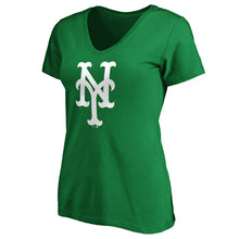 Load image into Gallery viewer, New York Mets Women&#39;s St. Patrick&#39;s Day White Team Logo V-Neck T-Shirt - Green MLB Ladies V-Neck
