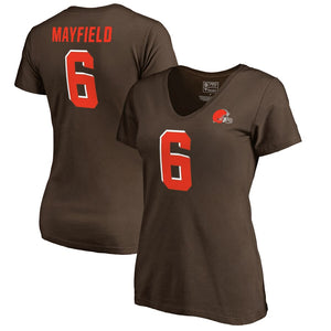 Baker Mayfield Cleveland Browns Nfl Pro Line By Women's Stack Name & Number T-Shirt - Brown NFL LADIES V-Neck