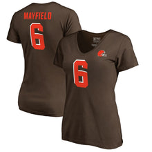 Load image into Gallery viewer, Baker Mayfield Cleveland Browns Nfl Pro Line By Women&#39;s Stack Name &amp; Number T-Shirt - Brown NFL LADIES V-Neck
