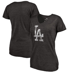Los Angeles Dodgers Women's Distressed Team Tri-Blend V-Neck T-Shirt - Black MLB Ladies V-Neck