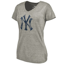 Load image into Gallery viewer, New York Yankees Women&#39;s Distressed Team Tri-Blend V-Neck T-Shirt - Heathered Gray MLB Ladies V-Neck
