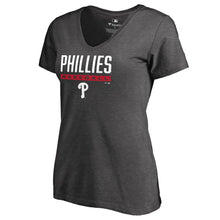 Load image into Gallery viewer, Philadelphia Phillies Women&#39;s Win Stripe V-Neck T-Shirt - Ash MLB Ladies V-Neck
