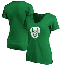 Load image into Gallery viewer, Milwaukee Brewers Women&#39;s St. Patrick&#39;s Day White Team Logo V-Neck T-Shirt - Green MLB Ladies V-Neck
