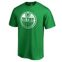 Load image into Gallery viewer, Edmonton Oilers St. Patrick's Day White Logo T-Shirt - Green NHL Guys Tee
