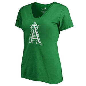 Los Angeles Angels Women's St. Patrick's Day White Logo Plus Size V-Neck T-Shirt - Kelly Green MLB Ladies V-Neck