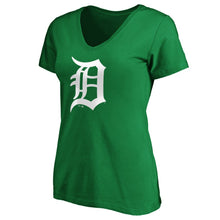 Load image into Gallery viewer, Detroit Tigers Women&#39;s St. Patrick&#39;s Day White Team Logo V-Neck T-Shirt - Green MLB Ladies V-Neck
