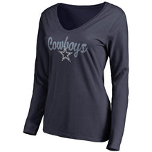Load image into Gallery viewer, Dallas Cowboys Nfl Pro Line Women's Free Hand Long Sleeve V-Neck T-Shirt - Navy NFL Ladies V-Neck Long Sleeve
