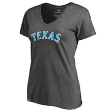 Load image into Gallery viewer, Texas Rangers Women&#39;s 2019 Father&#39;s Day Blue Wordmark T-Shirt - Heather Gray MLB Ladies V-Neck
