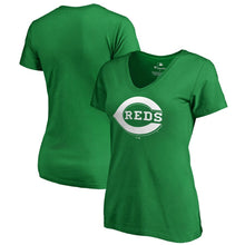 Load image into Gallery viewer, Cincinnati Reds Women&#39;s St. Patrick&#39;s Day White Logo Plus Size V-Neck T-Shirt - Kelly Green MLB Ladies V-Neck
