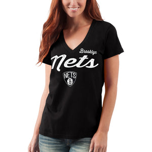 Brooklyn Nets G-Iii 4Her By Carl Banks Women's Post Season V-Neck Short Sleeve T-Shirt - Black NBA Ladies V-Neck