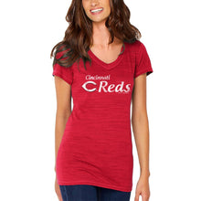 Load image into Gallery viewer, Cincinnati Reds Soft As A Grape Women&#39;s Double Steal Tri-Blend V-Neck T-Shirt - Red MLB Ladies V-Neck
