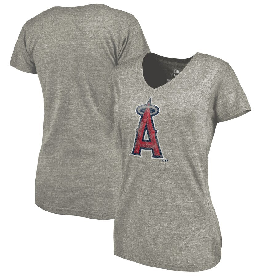 Los Angeles Angels Women's Distressed Team Tri-Blend V-Neck T-Shirt - Heathered Gray MLB Ladies V-Neck