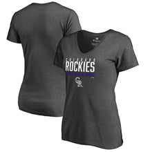 Load image into Gallery viewer, Colorado Rockies Women&#39;s Win Stripe V-Neck T-Shirt - Ash MLB Ladies V-Neck
