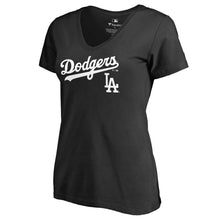 Load image into Gallery viewer, Los Angeles Dodgers Women&#39;s Team Lockup V-Neck T-Shirt - Black MLB Ladies V-Neck
