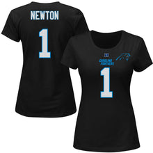 Load image into Gallery viewer, Cam Newton Carolina Panthers Majestic Women's Plus Size Fair Catch Name &amp; Number T-Shirt - Black NFL LADIES V-Neck
