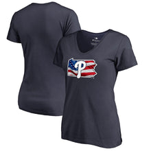 Load image into Gallery viewer, Philadelphia Phillies Women&#39;s 2019 Stars &amp; Stripes Banner State V-Neck T-Shirt - Navy MLB Ladies V-Neck
