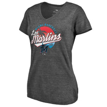 Load image into Gallery viewer, Miami Marlins Women&#39;s We&#39;re On Top Tri-Blend V-Neck T-Shirt - Black MLB Ladies V-Neck
